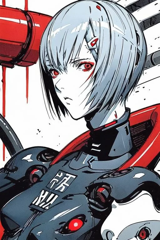 <lora:blame5:1>, cyborg rei ayanami, (ayanami rei:1.2), blue hair, short hair, (red eyes:1.3), portrait, dim light, ((heavy black and white)), only head portrait, blame, full of tubes, biomechanical, giger, horror, mechanical, tubes and metal, rei ayanami, (ayanami rei:1.2), blue hair, short hair, (red eyes:1.3),, bodysuit, headgear, plugsuit, black bodysuit, , hand drawn, pencil drawn, watercolor, painting, handmade