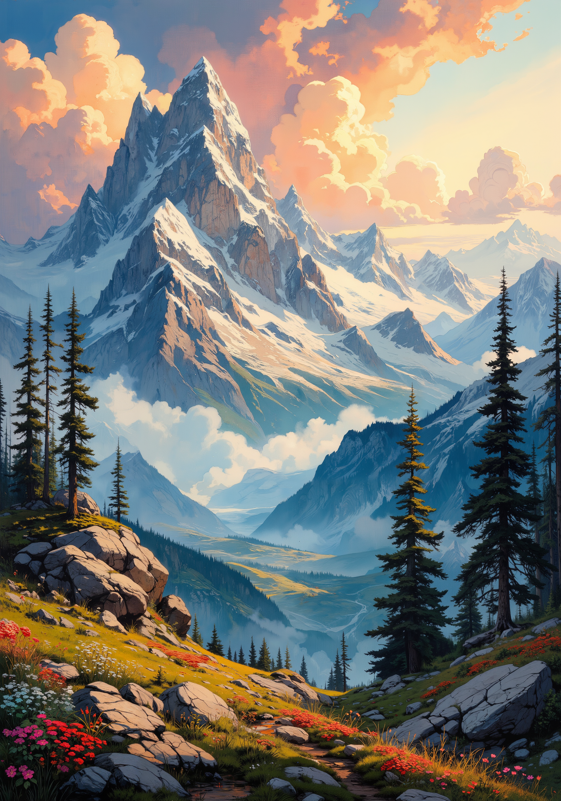 A breathtaking alpine expanse with towering ancient pines, rugged crystalline outcrops, and delicate wildflowers under a soft, golden sunrise. Digital art style blending photorealistic detail with painterly textures; an interplay of cascading mist and swirling clouds drifts over jagged peaks, infused with subtle hints of vermilion, teal, and warm amber. Ethereal ambient light enhances the surreal aura, while rare, luminescent flora and gentle wildlife punctuate the landscape with quiet wonder. Intricate detail, 8k resolution masterpiece quality, vibrant natural hues, dynamic contrast, and harmonious mood evoke an enchanting, fabled wilderness ripe with mystery and serenity. <lora:Organic Sauce - FLUX:0.2> <lora:Niji V2B:0.2> <lora:ArtNouveau2Flux:0.5> <lora:ck-charcoal-drawing-000014:0.5> <lora:Vintage comic book:0.6> <lora:flux_dev:1>