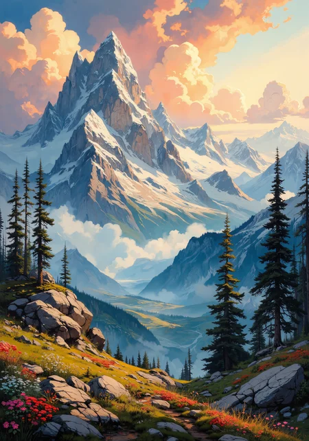 A breathtaking alpine expanse with towering ancient pines, rugged crystalline outcrops, and delicate wildflowers under a soft, golden sunrise. Digital art style blending photorealistic detail with painterly textures; an interplay of cascading mist and swirling clouds drifts over jagged peaks, infused with subtle hints of vermilion, teal, and warm amber. Ethereal ambient light enhances the surreal aura, while rare, luminescent flora and gentle wildlife punctuate the landscape with quiet wonder. Intricate detail, 8k resolution masterpiece quality, vibrant natural hues, dynamic contrast, and harmonious mood evoke an enchanting, fabled wilderness ripe with mystery and serenity. <lora:Organic Sauce - FLUX:0.2> <lora:Niji V2B:0.2> <lora:ArtNouveau2Flux:0.5> <lora:ck-charcoal-drawing-000014:0.5> <lora:Vintage comic book:0.6> <lora:flux_dev:1>