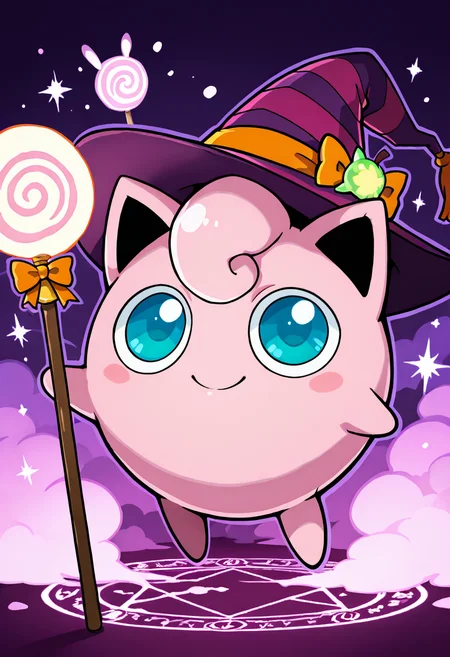 masterpiece, best quality, no humans,  zzJigs, candy-striped witch hat, glowing lollipop staff, purple mist, gumdrop trees, marshmallow fog, caramel river, magical sparkles, mischievous smile, floating potions, spooky cute pumpkins, candy bats flying, spell circle beneath her, whimsical and eerie  From the depths of the enchanted Candy Swamp, zzJigs stirs her sugary brew, casting sparkly spells that smell like cotton candy and chaos.    <lora:JigglypuffPokedex_IXL:1.0>,    <lora:ZankuroStyle_NAI:0.5>,   <lora:HaradaTakehito_NAI:0.5>,