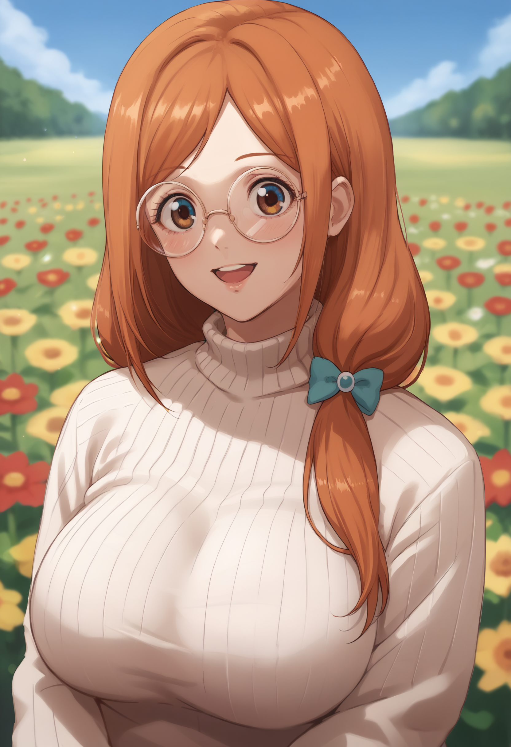 score_9, score_7_up, <lora:zeroqrisu-guy-PONY-DORAv1:1>, 1girl, solo, inoue orihime, sweater, large breasts, round eyewear, portrait, happy, depth of field, flower field
