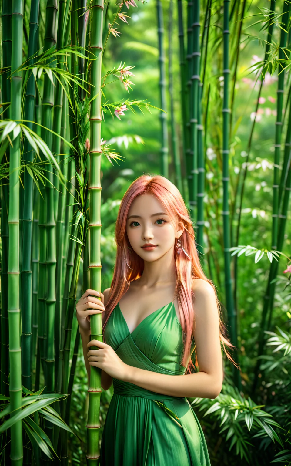 upper_body,<lora:yuukananri-base-02-XL:0.7>,yuukananri,1girl with long pink hair,happy,green eyes,wearing an elegant green long dress,holding a piece of bamboo in her hands,standing in a lush bamboo forest surrounded by vibrant flowers and greenery,realistic photography style,cinematic photo peering through the trees with depth of field blurring effect,natural light,35mm photograph,professional,4k,highly detailed,Golden hour lighting,Depth of field F2,Rule of Thirds Composition,Cinematic Lighting,(masterpiece:2),(best quality:1.1),<lora:detailed_notrigger:1>,<lora:xl_more_art-full_v1:0.8>,