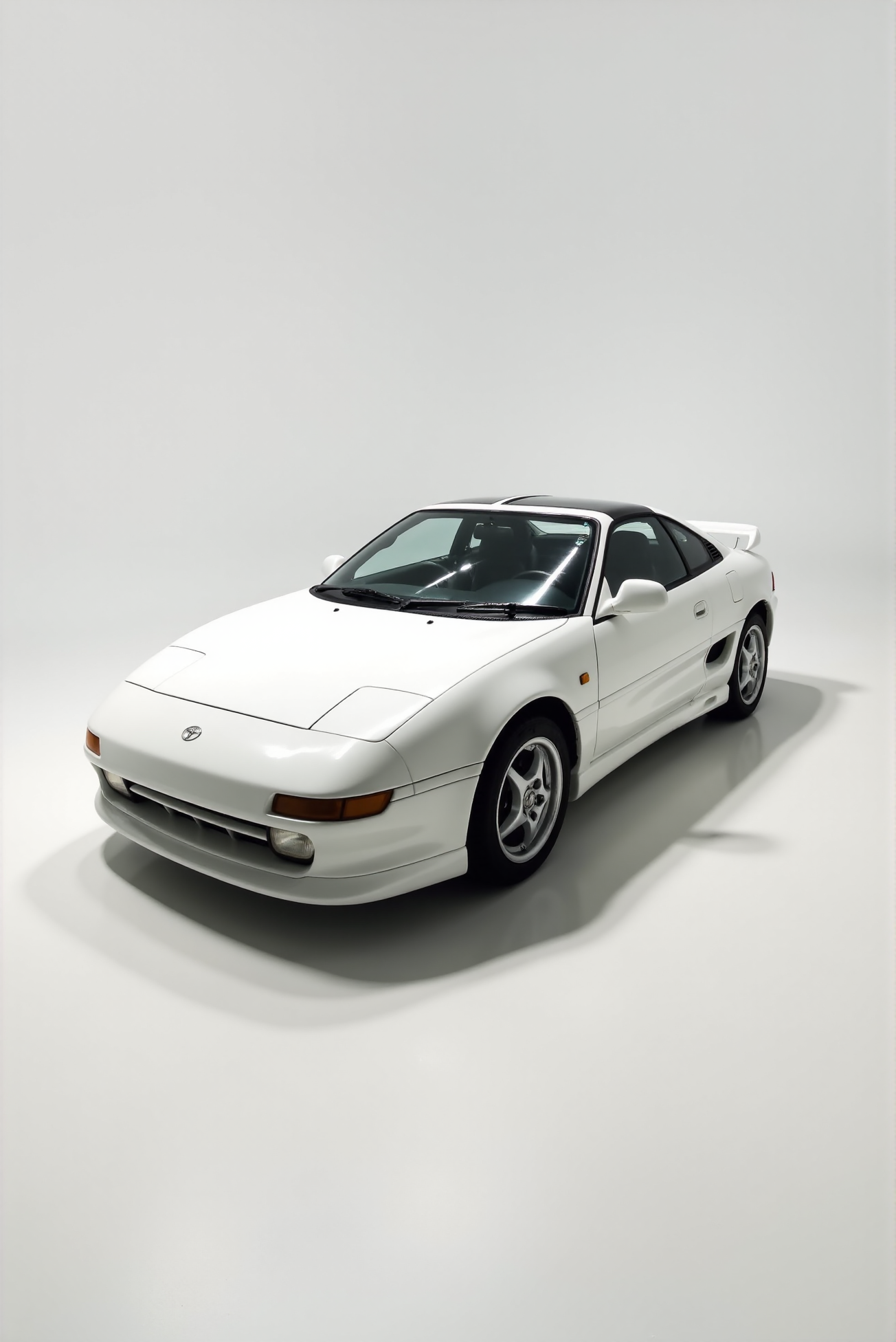 <lora:Toyota_MR2_SW20:0.8> 
A pristine white Toyota MR2 SW20 photographed in a high-key studio environment, positioned in a three-quarter front angle with smooth, even lighting that defines every curve and contour. The clean bodywork reflects subtle shadows beneath the sculpted fenders and targa roofline. Factory five-spoke wheels in silver are tightly composed under the arches, while the integrated spoiler curves upward into frame with natural flow. The front bumperâs smooth surface and inset lighting convey simplicity and precision, contrasted gently by black trim details. The windshield and side glass reflect faint studio elements, while the shadow cast beneath the car gives it grounded realism. This refined composition emphasizes symmetry, purity, and the iconic elegance of the MR2âs factory formâpresented like a collectorâs piece in a gallery of design.