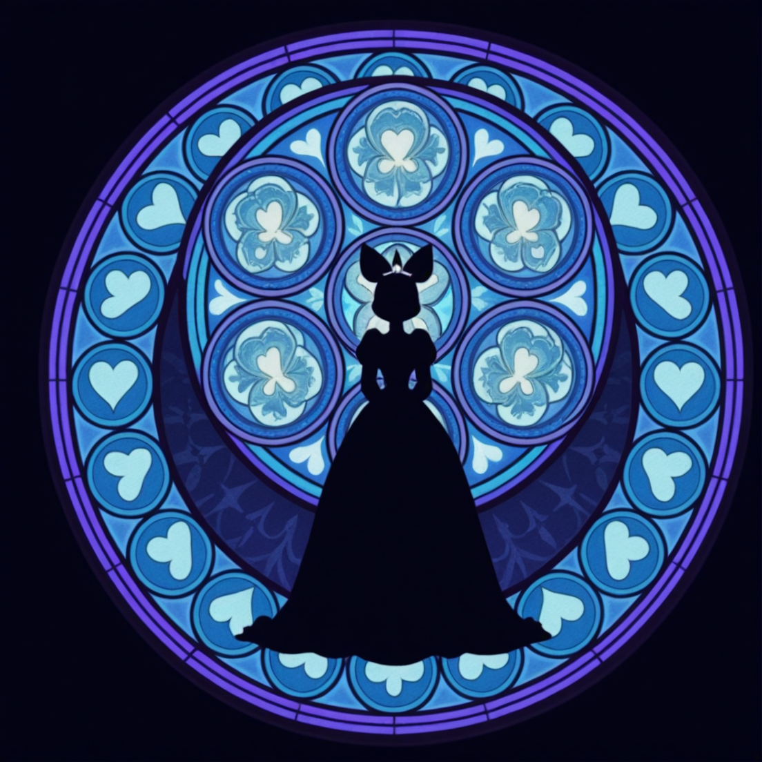 masterpiece, best quality, amazing quality, very aesthetic, absurdres, newest, 4k, 8k, 
divetotheheartxd, circle, black background, stained glass, round image, no humans, stained glass, round image, heart, silhouette, simple background
 <lora:STATION_OF_AWAKENING_V2:1>