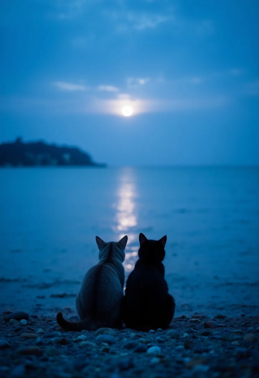 This overexposed photograph captures a serene, misty seascape at twilight, with two cats sitting on a pebbly beach. The scene is bathed in a cool, ethereal blue hue, suggesting a calm, possibly foggy or misty evening. The sky transitions from a deep blue at the horizon to a lighter shade near the horizon, where the moon is partially visible, casting a soft, shimmering glow across the calm water. The moonlight reflects off the water, creating a subtle path of light that stretches from the horizon to the shore.
The two cats, one black and one grey, sit close together, their silhouettes dark against the cool blue tones of the scene. They face the water, seemingly mesmerized by the moon's reflection, with their ears pointed forward, indicating alertness or curiosity. The beach they sit on is composed of small, smooth pebbles, visible in the foreground, adding texture and detail to the scene. In the background, a faint outline of a distant landmass or possibly a hill is barely discernible, blending into the mist. The overall atmosphere is peaceful and contemplative, with a strong emphasis on the cats' serene connection to the natural setting. The image evokes a sense of tranquility and connection to nature.