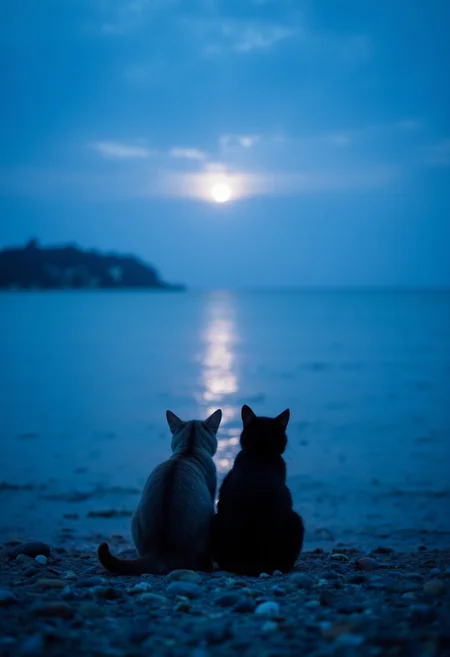 This overexposed photograph captures a serene, misty seascape at twilight, with two cats sitting on a pebbly beach. The scene is bathed in a cool, ethereal blue hue, suggesting a calm, possibly foggy or misty evening. The sky transitions from a deep blue at the horizon to a lighter shade near the horizon, where the moon is partially visible, casting a soft, shimmering glow across the calm water. The moonlight reflects off the water, creating a subtle path of light that stretches from the horizon to the shore.
The two cats, one black and one grey, sit close together, their silhouettes dark against the cool blue tones of the scene. They face the water, seemingly mesmerized by the moon's reflection, with their ears pointed forward, indicating alertness or curiosity. The beach they sit on is composed of small, smooth pebbles, visible in the foreground, adding texture and detail to the scene. In the background, a faint outline of a distant landmass or possibly a hill is barely discernible, blending into the mist. The overall atmosphere is peaceful and contemplative, with a strong emphasis on the cats' serene connection to the natural setting. The image evokes a sense of tranquility and connection to nature.
