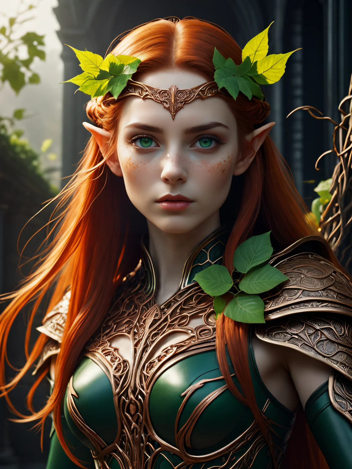 highly detailed, 4k, Wood Elf Ranger, (Female:1.5), Graceful and Lithe (Athletic Build:1.5), Emerald Eyes (Vibrant:1.5), Auburn Hair (Flowing:1.5), Coppery Silk, Leaf-Shaped Ornaments, Delicately Pointed Nose, Soft Rose Lips, Freckles (Subtle:1.25), Leather Armor (Vine Patterns:1.5), Calloused Hands, Long and Short Bows, Finely Crafted Shortsword, Fluid Grace in Movement, Harmony with Nature, (Sun-Kissed Skin:1.25), Keen Intelligence in Eyes, Engravings (Delicate:1.25), Connection to Wilderness, (Silent Footfalls:1.25), Harmonious Form, Vines (Intricate:1.5), Expertly Crafted Appearance, realistic, photo, film grain, dramatic lighting,, (gothic art style), highly detailed, evil alien overlord, furious:3, dynamic posture:2, high tech armor (glowing bright red and orange), facial expression, 32K, UHD, HDR, cinematic, cinematic image, intricate details, ultra-realism, dystopian palace, luxurious atmosphere, ultra-detailed, 32K, stunning image, IMAX, cinematic, award winning photography, intricate, low aperture (f1.2), dramatic lighting, cinematic composition, award-winning, professional, by (carlos kafu bazan), vibrant,