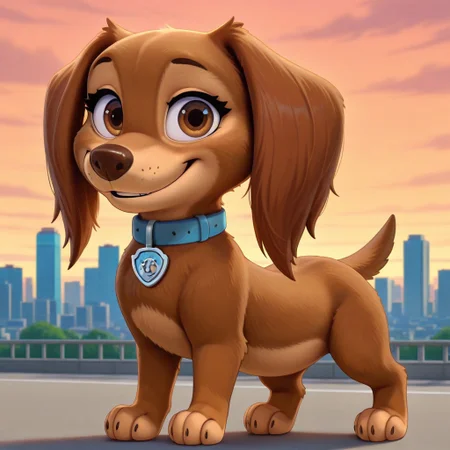 Liberty(PP), solo, feral, dog, dog girl, long-haired Dachshund, brown fur, tan paws, tan belly, tan muzzle, brown nose, brown eyes, long ears, short tail, blue collar, shield shaped tag, full body, looking at viewer, smiling, standing, city setting,