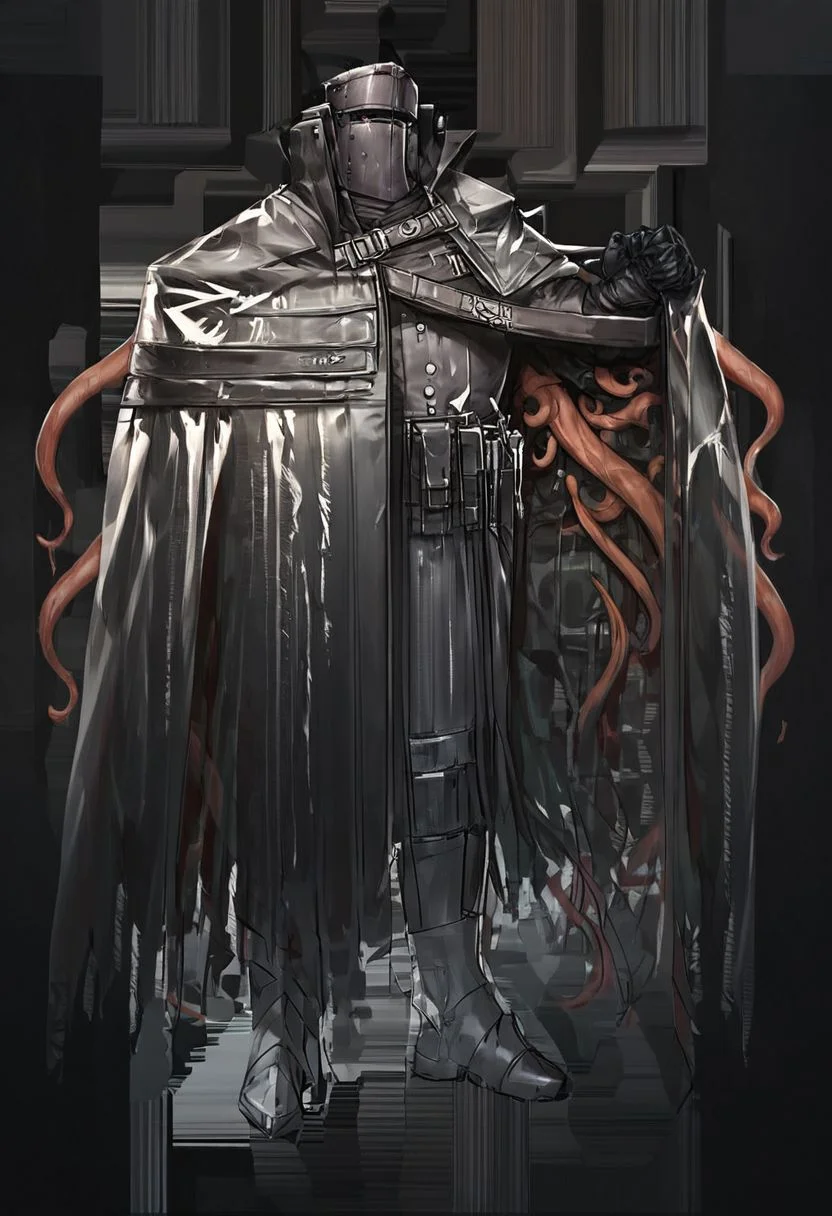 score_9,score_8_up,score_7_up,rating_explicit,best quality,masterpiece,extremely detailed,metal_bucket_head,black cape,tentacles,black coat,black clothes,black gloves,armor,full length,detailed background