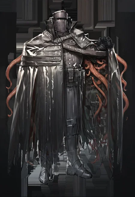 score_9,score_8_up,score_7_up,rating_explicit,best quality,masterpiece,extremely detailed,metal_bucket_head,black cape,tentacles,black coat,black clothes,black gloves,armor,full length,detailed background