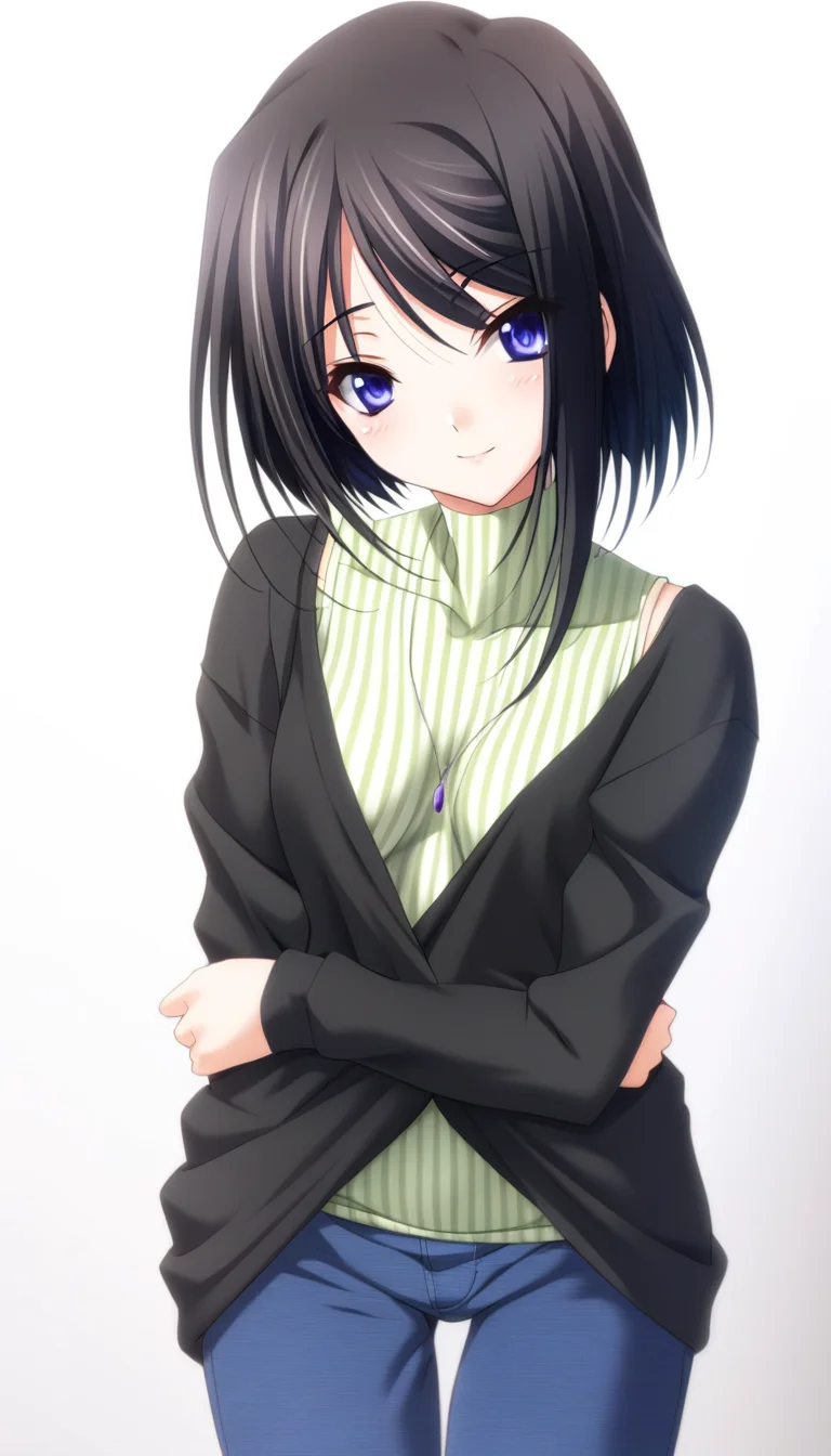 1girl,Mishima Kazuki,green vertical striped sleeveless turtleneck, black long sleeves jacket, jeans, purple gem necklace, lock button on the cloth,masterpiece,best quality,solo,game cg,blush,smile,(illustration:1.2),(extremely fine and beautiful),(perfect details),(unity CG 8K wallpaper:1.05),(ray tracing),(detailed beautiful eyes:1.3),(beautiful face:1.2),white background,simple background,close up,cowboy shot,looking at viewer,<lora:MishimaKazukiXLK:1>,