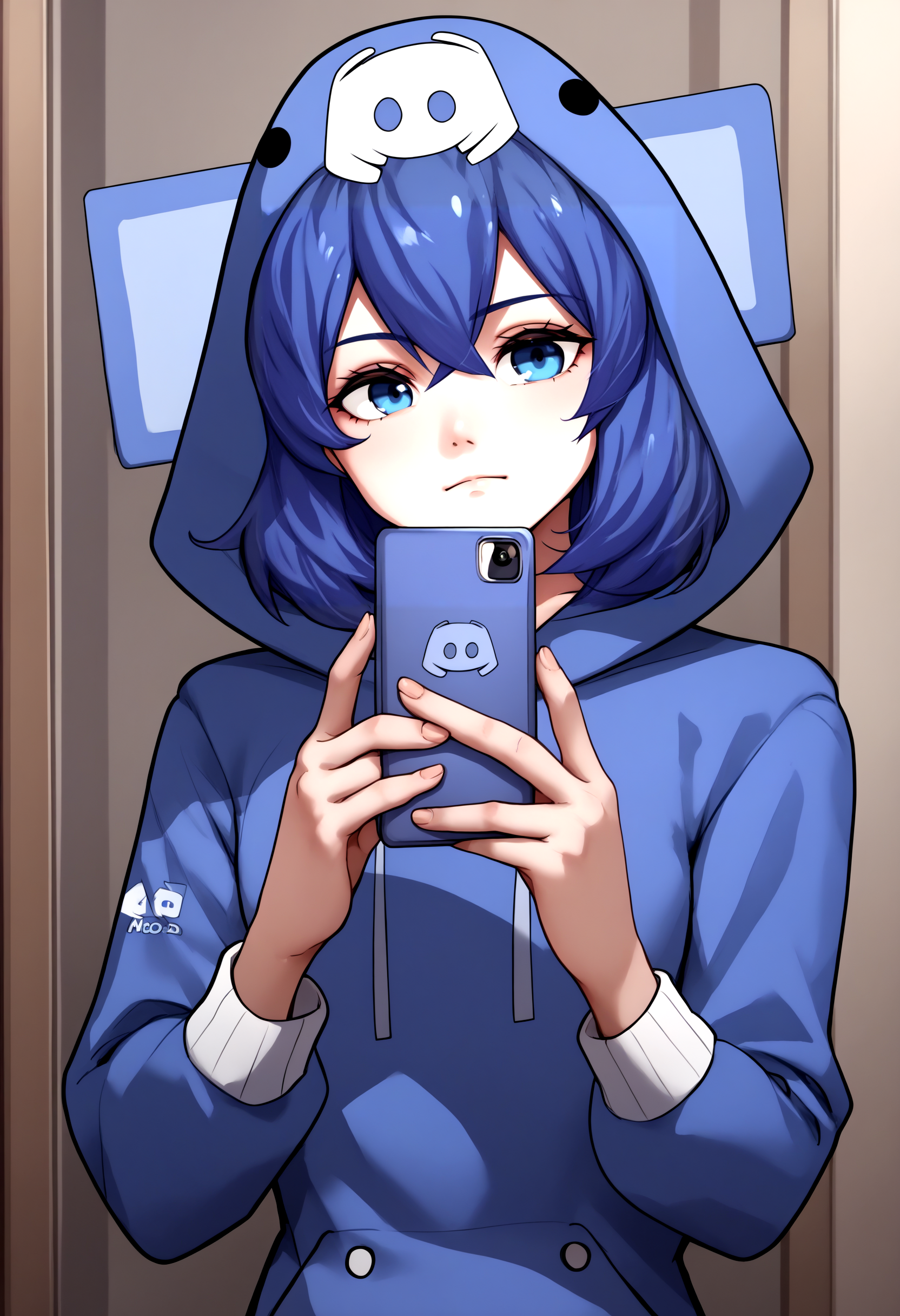 score_9, score_8_up, score_7_up, source_anime, 1girl, dcchan, <lora:DCchanXLPD:1>, blue hoodie, animal hood, upper body, smartphone, holding phone, logo, selfie,