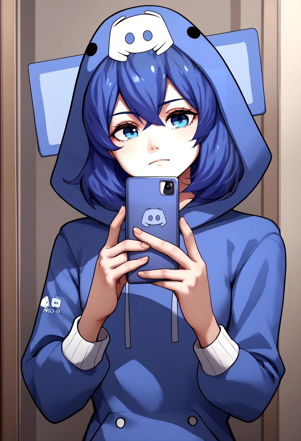score_9, score_8_up, score_7_up, source_anime, 1girl, dcchan, <lora:DCchanXLPD:1>, blue hoodie, animal hood, upper body, smartphone, holding phone, logo, selfie,