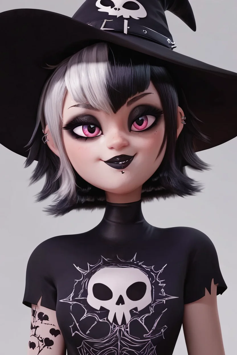 score_9, score_8_up, score_8, medium breasts, (curvy), cute, eyelashes, BREAK, , ,,, <lora:GothMavis_PDXL:0.8>, witch hat, zzGothMavis, black hair, white hair, makeup, short hair, black lips, multicolored hair, two-tone hair, ear piercing, eyeshadow, gothic, shirt, lipstick, tattoo, turtleneck, cross, skull print shirt, ,,, , BREAK, smile, looking at viewer, cowboy shot, ,,, embedding:zPDXL, <lora:DiivesP1:0.7>,