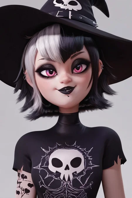 score_9, score_8_up, score_8, medium breasts, (curvy), cute, eyelashes, BREAK, , ,,, <lora:GothMavis_PDXL:0.8>, witch hat, zzGothMavis, black hair, white hair, makeup, short hair, black lips, multicolored hair, two-tone hair, ear piercing, eyeshadow, gothic, shirt, lipstick, tattoo, turtleneck, cross, skull print shirt, ,,, , BREAK, smile, looking at viewer, cowboy shot, ,,, embedding:zPDXL, <lora:DiivesP1:0.7>,