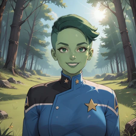 score_9, score_8, BREAK, solo, D'vana Tendi, orion species, Star Trek, in a starfleet uniform, colored skin, green skin, green freckles, colored hair, green hair, undercut, sexy pose, self portrait, smile, outdoors, sunlight, shadows, evening lighting, natural lighting, forest, trees, grass, orange sky, sunset