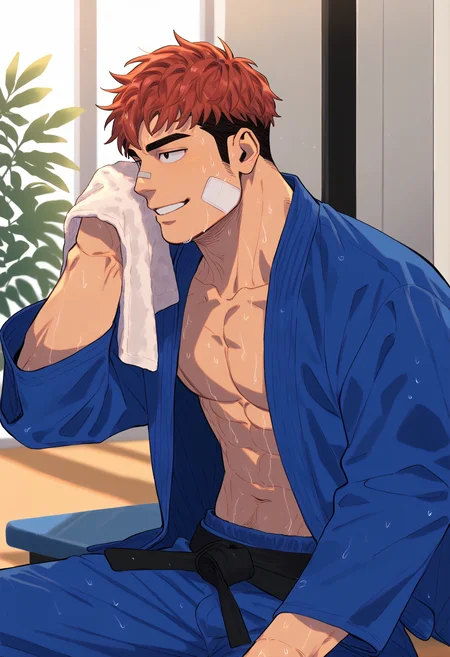 1boy, solo, h4ruk4m1, (bif, baf:1.1), (xhh:1.4), bara, muscular male, from side, cowboy shot,
judo, judo uniform, (blue clothes:1.2), belt, black belt, abs, navel, open jacket, bandaid on face, sitting, wiping sweat with towel, smile, looking away,
red hair, short hair, black eyes, undercut, sideburns, wet hair, very sweaty, sweatdrop,
indoors, gym,
best quality, amazing quality, best aesthetic, absurdres, sfw, year 2023,
<lora:judo:1> <lora:h4ruk4m1XLP:0.8> <lora:sn0w:0.8> <lora:incase-ilff-v3-4:0.4>
