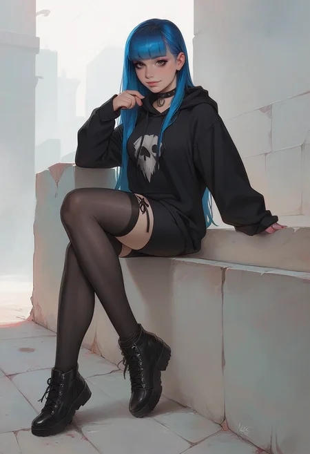 score_9, score_8_up, score_7_up, 1girl, 18yo, girl, emo, summer dress, dynamic pose, sweatshirt, mid thigh dress, choker ribbon, checkered and striped clothes, stockings, waist silver chain, black and (pink:0.75) makeup, eyeliner, gumshoes, look at viewer. outdoor, urban background, cowboy shot, shadows, sunny day, busy city. long side bangs, pale skin, (hazel:0.6) eyes, two tone grey and blue hair, hairstyle wolf cut, skinny, thin hands, petite body, upturned nose, sharp nose, shy smile, narrow shoulders, narrow wais, medium breasts, round butt outline, breasts outline,wide hips, pear body shape, detailed face, cute face, pretty eyes, perfect eyes, detailed eyes, semi-realistic, photorealistic face, urban background