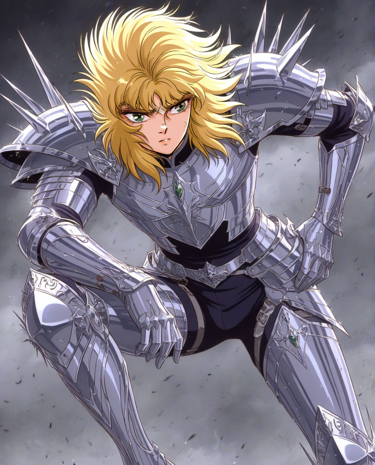 masterpiece, best quality, absurdres, zodikki1, 1boy, solo, blonde hair, green eyes, silver armor, silver greaves, silver vambraces, silver pauldrons, kurumada eyes, kurumada hair