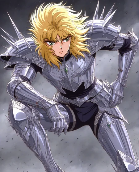 masterpiece, best quality, absurdres, zodikki1, 1boy, solo, blonde hair, green eyes, silver armor, silver greaves, silver vambraces, silver pauldrons, kurumada eyes, kurumada hair
