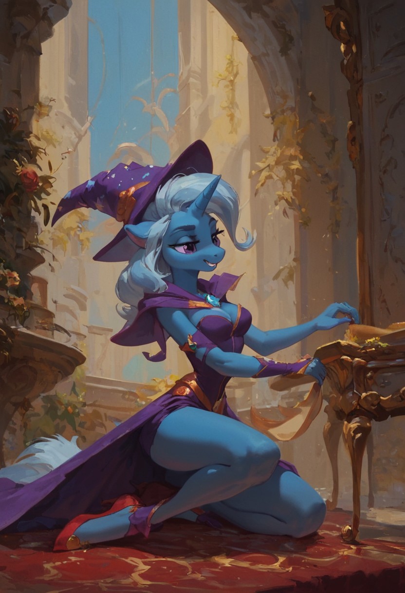 score_9, score_8_up, score_7_up, high quality, 1girl, solo, unicorn, horn, anthro, trixie lulamoon, fancy magician's outfit, on stage.