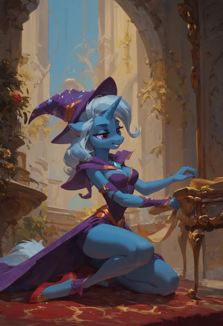 score_9, score_8_up, score_7_up, high quality, 1girl, solo, unicorn, horn, anthro, trixie lulamoon, fancy magician's outfit, on stage.