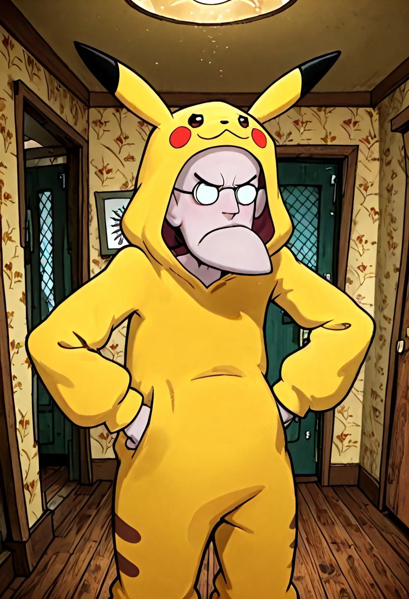 Masterpiece, absurdres, best quality, highly detailed, 1boy, solo, Eustace, Bagge, Pikachu onesie, glasses, grumpy expression, indoors, detailed background