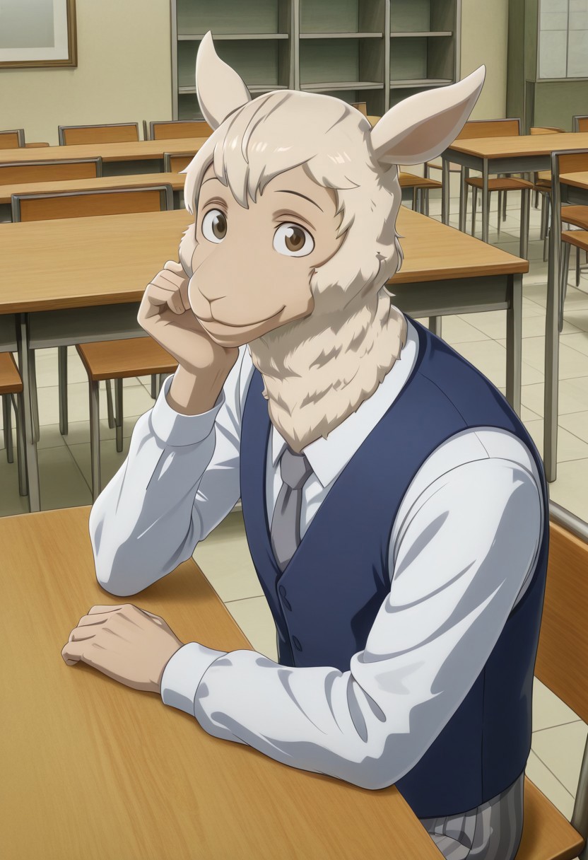 masterpiece, best quality, amazing quality, very aesthetic, absurdres, newest,  high quality, detailed, male, solo male, Tem, 1boy, mature male, male, anthro, alpaca, animal ears, brown eyes, light skin, white wool, white long sleeve shirt, blue vest, grey tie, striped grey pants, half body, indoors, cafeteria, looking at viewer, smiling, sitting at table