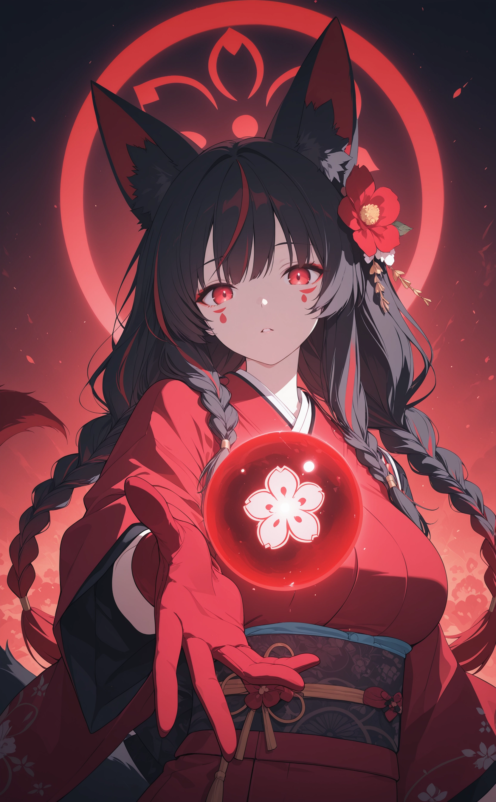 masterpiece, best quality, amazing quality, 1girl, solo, long hair, breasts, looking at viewer, large breasts, black hair, hair ornament, gloves, red eyes, animal ears, closed mouth, tail, upper body, braid, flower, multicolored hair, red hair, parted lips, japanese clothes, hair flower, kimono, streaked hair, twin braids, animal ear fluff, fingernails, fox ears, fox tail, glowing, facial mark, fox girl, red flower, outstretched arm, red gloves, reaching towards viewer, red kimono, orb, blue archive style, <lora:noobai_ep11_stabilizer_v0.138_fp16:0.3> <lora:lpc_v10:0.7> <lora:blue_archive-ixl-style-soralz:0.8>