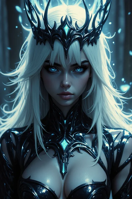 a cinematic shot of a beautiful fantasyghost princess, ice blue eyes, white glowing hair, crown on her head. she wears a black dress with blue glowing details, nature in background <lora:TestStyle-000001:0.85> <lora:Hand v2:0.7>
