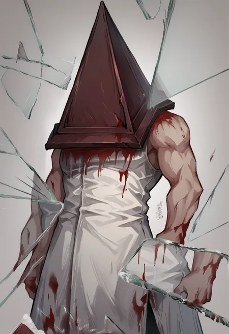 score_9, score_8_up, source_anime, PyramidHead, helmet, white coat, sleeveless, blood on clothes, white pants, boots, <lora:ChamPyramidHeadPonyXL:1> <lora:BreakingGlassXLPDCAME:1> IncrsXLBrknGls, broken glass, reflection, upper body