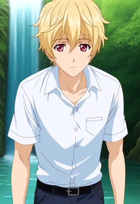 ((masterpiece)), ((best quality)), ((ultra-detailed)), ((absurdres)), score_9_up, score_8_up, score_7_up,
HD, top quality, best quality, amazing quality, High-quality illustrations, anime screencap, source_anime, best aesthetic, perfect proportions, perfect eyes, 1boy, 1male, solo boy, solo male, male focus, solo male focus, Anime, boy, male anime character, anime boy, handsome, sexy, cute, charming, ((looking at front, looking at viewer)), ((front shot, front view, view from front)), ((cowboy shot, head to hips shot)), ((tall body, tall height)), ((lean body, slim body)), Naoki Shindou, blonde hair, red eyes, white shirt, black pants, ((nature, waterfalls)), easynegative, updn, Expressiveh, masterpiece, best quality, very aesthetic, absurdres