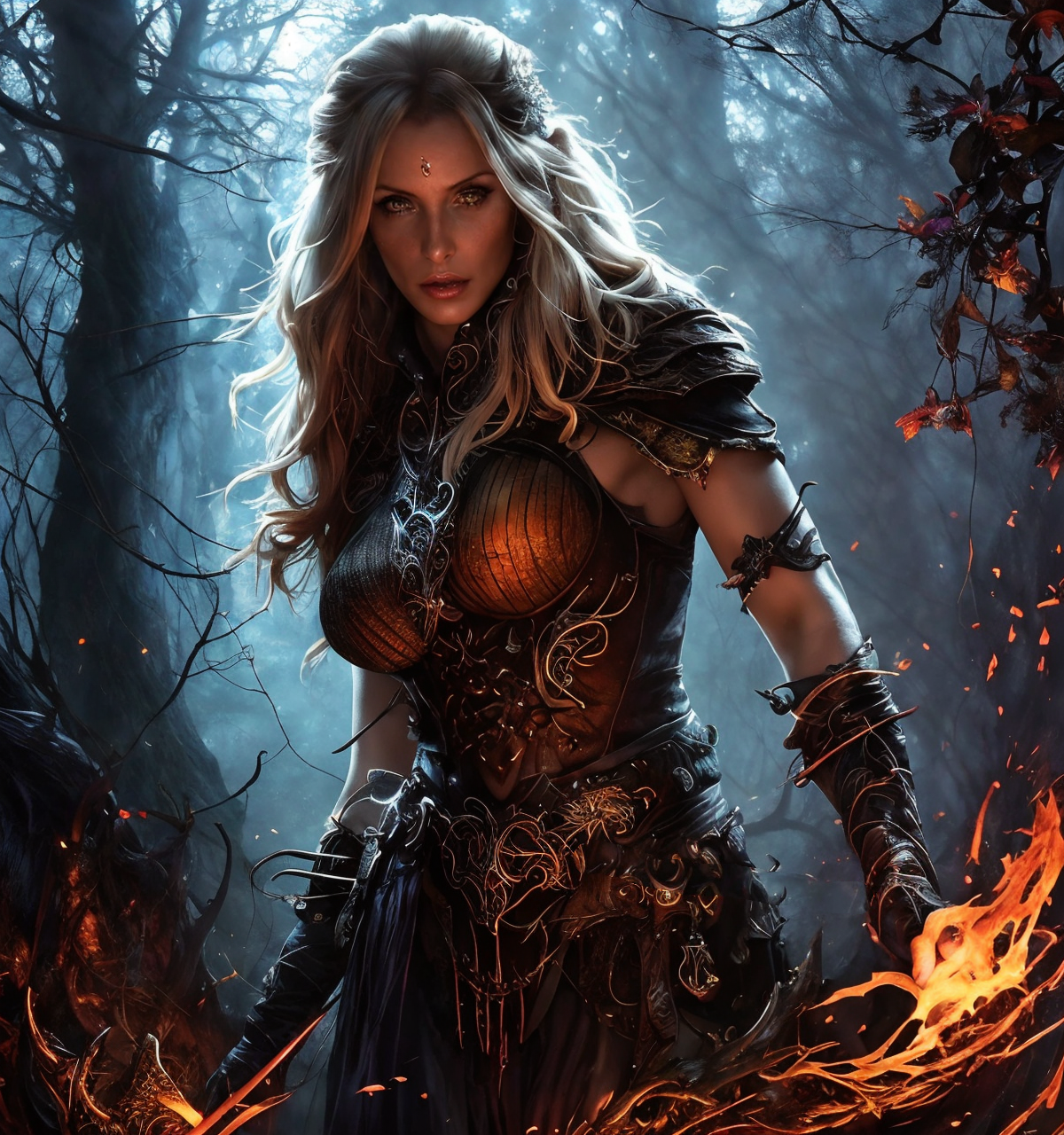 RAW photo, (masterpiece:1.3), subsurface scattering, heavy shadow, (high quality:1.4), (intricate, high detail:1.2), professional photography, HDR, High Dynamic Range, realistic, ultra realistic, photorealistic, high resolution, film photography, ambient lighting, atmospheric effects, <lora:detail_slider_v4:2>, OverallDetail, Danielle, <lora:Danielle:1>, as a female wildelf ranger, wild hair, dynamic pose, <lora:Wildelf:0.6>, auwo, in a clearing in a magical autumn woods, sunlight, godrays, <lora:AutumnWoods:0.7>,  (DarkFantasy:0.2), epiCPhoto,  <lora:cleavage:-2>
