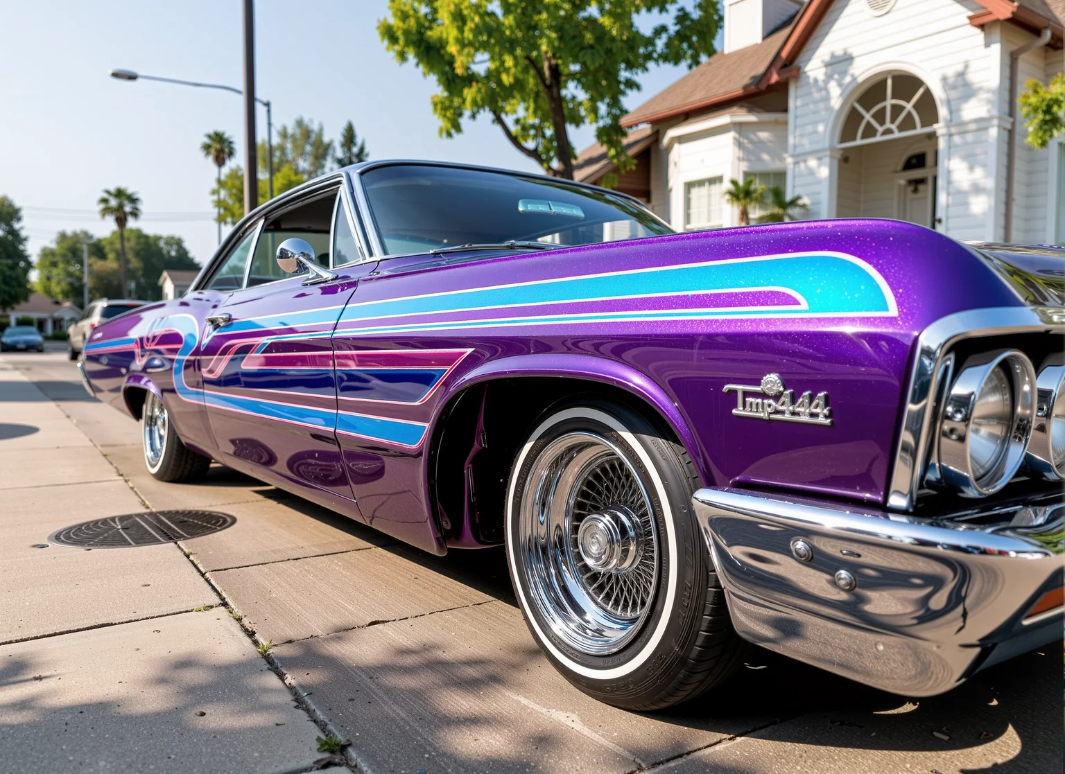 a 1967 chevrolet impala lowrider, 1mp4l4,. chromaflair purple metalflake paint with blue and white straight line designs on it, white sidewall tires, chrome wire wheels, in a los angeles street <lora:lowrider:1> <lora:Chevy_Impala_67:1>