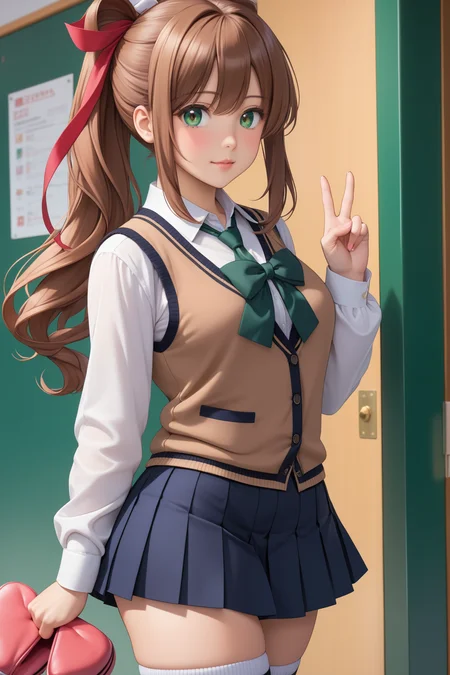 solo, <lora:FLUX_Black_Magic_XL_Style_V2.0-000005:0.7> bmstyle, anime. <lora:Monika_doki_doki_literature_clubFlux:1.2> Monika has thigh length coral brown hair tied up in a high ponytail that is tied back with a large white bow, curled slightly at the ends. She has two prominent strands of hair beside her bangs that reach slightly past her chest. Her eyes are emerald green. She wears a female school uniform consisting of a warm gray blazer fully buttoned and untucked, brown sweater vest, white shirt fully buttoned and tucked, red ribbon, dark blue pleated skirt, black thigh-high socks and white uwabaki slippers with pink tips. She wears a white hair ribbon, Thicc butt, arched back, looking at viewer, standing on one leg, vsign,