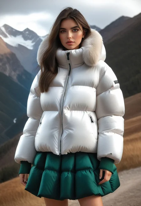 ((((sherpa puffer padded jacket)))), ((((sharpa puffer padded coat)))), ((((puffer skirt)))), ((((cowboy shot)))), ((((from back)))), standing, winter, snow, mountains, 1girl, solo, (masterpiece), (detailed face, detailed eyes), (beautiful detailed eyes:1.5), sidelighting, (super detail, hyper detail, intricate_details, detailed), looking at viewer, (semi realistic:1.6), very detailed face, (Blonde hair), (white hair), absurdly long hair, hair between eyes, (straight hair), (green eyes), put your hair behind your ears, eyelashs, eyeliner, (eye shadow:0.5), wet hair, sweat, white skin, Angry face, (blush), padded cuffs, padded collar, Thick padded cuffs, Thick padded collar, <lora:Collar-SDXL:0.6>, <lora:Cuffs-SDXL:0.6>, <lora:Puffer_Jacket_and_Down_Jacket_-_Extra_Puffy_Jackets:0.6>, <lora:puffer_skirt_v1:0.6>