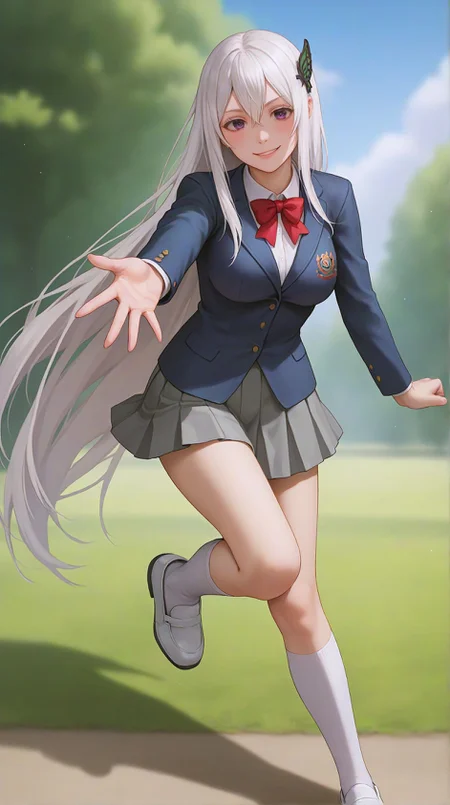 zPDXLxxx,score_9,score_8_up,score_7_up,realistic,masterpiece,best quality,perfect anatomy,very aesthetic,absurdres,
<lora:Quality tweaker_last:-2>,
<lora:Breast Slider - Pony_alpha1.0_rank4_noxattn_last:2>,
<lora:azurlaneXLP6lokrV4236T2:0>,
solo,blush,smile,
incoming hug,reaching towards viewer,
<lora:Echidna PonyXL Anzhc v1.6:1>,
echidna,purple eyes,white hair,hair between eyes,very long hair,butterfly hair ornament,
school uniform,red bowtie,blazer,blue jacket,collared shirt,white shirt,grey skirt,pleated skirt,white socks,kneehighs,shoes,
outdoors,in a meadow,