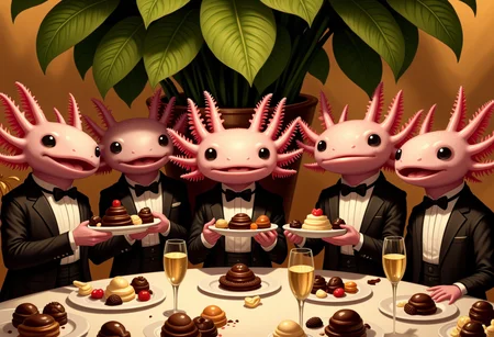 broken age of, A group of axolotls dressed in matching tuxedos and bowties are huddled together behind a large potted plant at a fancy banquet, each one holding a small dessert plate piled high with chocolates and pastries The perspective is from above, looking down on the group as they giggle and exchange excited whispers, their frills shaking with laughter The plantâs large leaves partially obscure them from the rest of the room, where elegantly dressed guests are mingling and sipping champagne The table nearby is laden with an array of gourmet desserts, but the axolotls have clearly taken far more than their share, with crumbs and wrappers scattered around their hiding spot The lighting is warm and golden, casting a soft glow on the axolotls' glossy skin and highlighting the mischievous twinkle in their eyes The scene captures the playful camaraderie of the group with a focus on the contrast between their formal attire and their cheeky behavior, using a rich, detailed style that emphasizes the lushness of the setting and the exuberance of the axolotls' laughter, the axolotl has pink frilly gills and pink skin