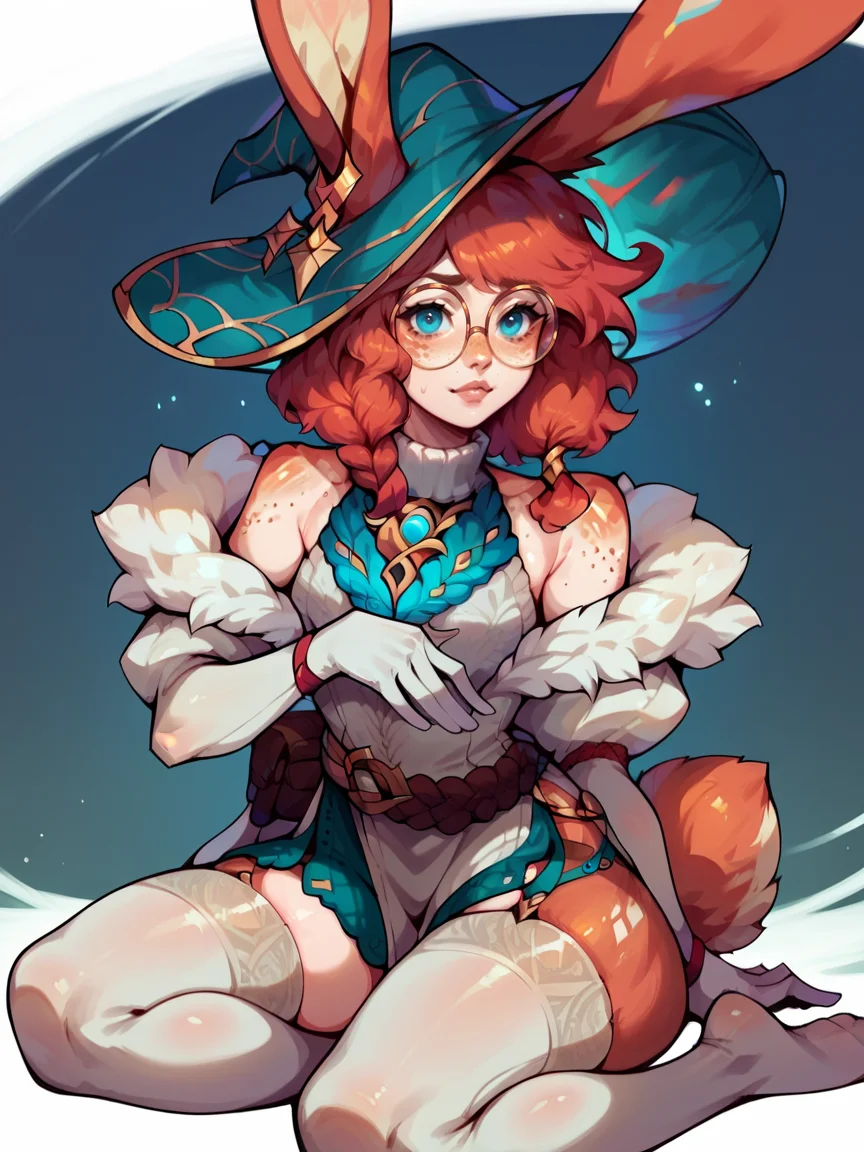 score_9, score_8_up, score_7_up, score_6_up, score_5_up, <lora:AuroraLOLXLP:1> auroralol, 1girl, solo, rabbit ears, round eyewear, blue eyes, freckles, hat, gloves, tail, thighhighs, red hair, lingerie,