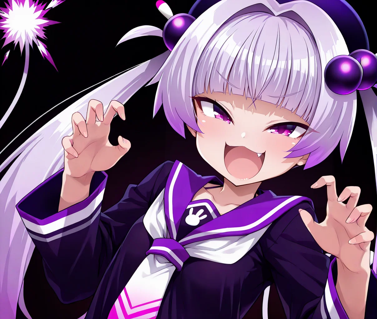 <lora:darkbbg:1>,dark \(bombergirl\),upper body,open mouth,fang,twin tail,hat