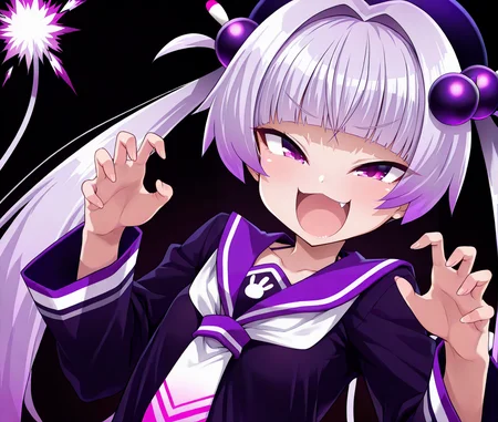 <lora:darkbbg:1>,dark \(bombergirl\),upper body,open mouth,fang,twin tail,hat