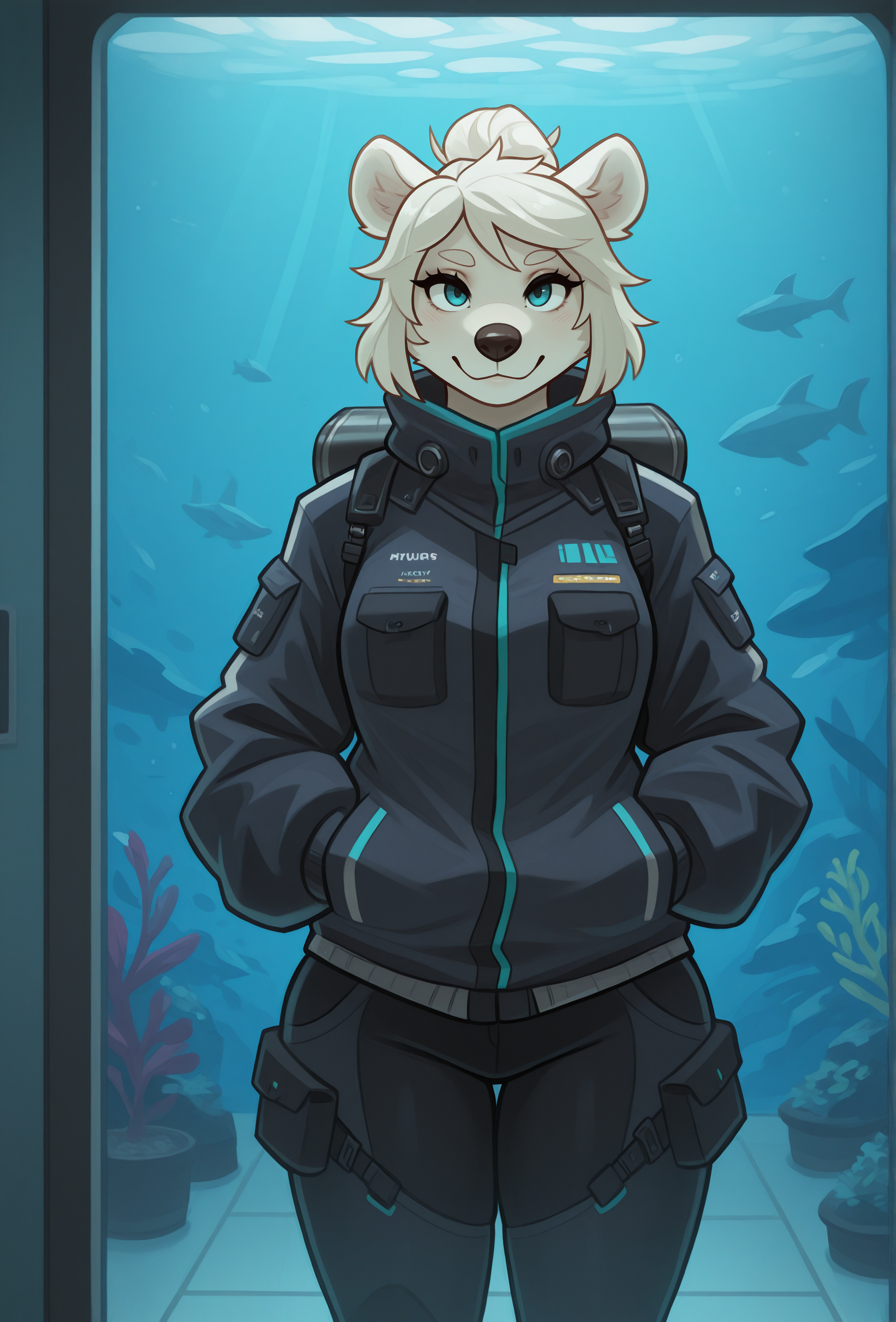 (masterpiece, best quality, very aesthetic, absurdres:1.2), <lora:Retros_style_illustrious_v1:1.1> rtrsstyle, 1girl, furry, science fiction, aquarium, polar bear, straight-on, jacket, looking at viewer, smile