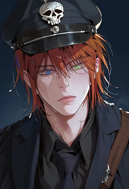 score_9, score_8_up, score_7_up, score_6_up, source_anime, 2d, 1boy, handsome boy, athletic body, manly boy, toned body, toned, male focus, solo, sweat, <lora:Chaos__Hero_Killer__Manhwa__webtoon:1>, Chaos, heterochromia, blue eye, green eye, auburn hair, medium hair, scars all over the body, closed lips, perface face, (perfect face, perfect eyes:1.2), looking at viewer, bishounen, toned male, solo, athletic build, large pectorals, abs, six pack, pecs, cute boy in his mid twenties, dark background, <lora:warden-ponyxl-lora-nochekaiser_r1:1>, skull hat ornament, uniform, military uniform, black uniform, hat, cap, black cap, armband, collared shirt, black necktie, full body, hand behind back, swastikas armband