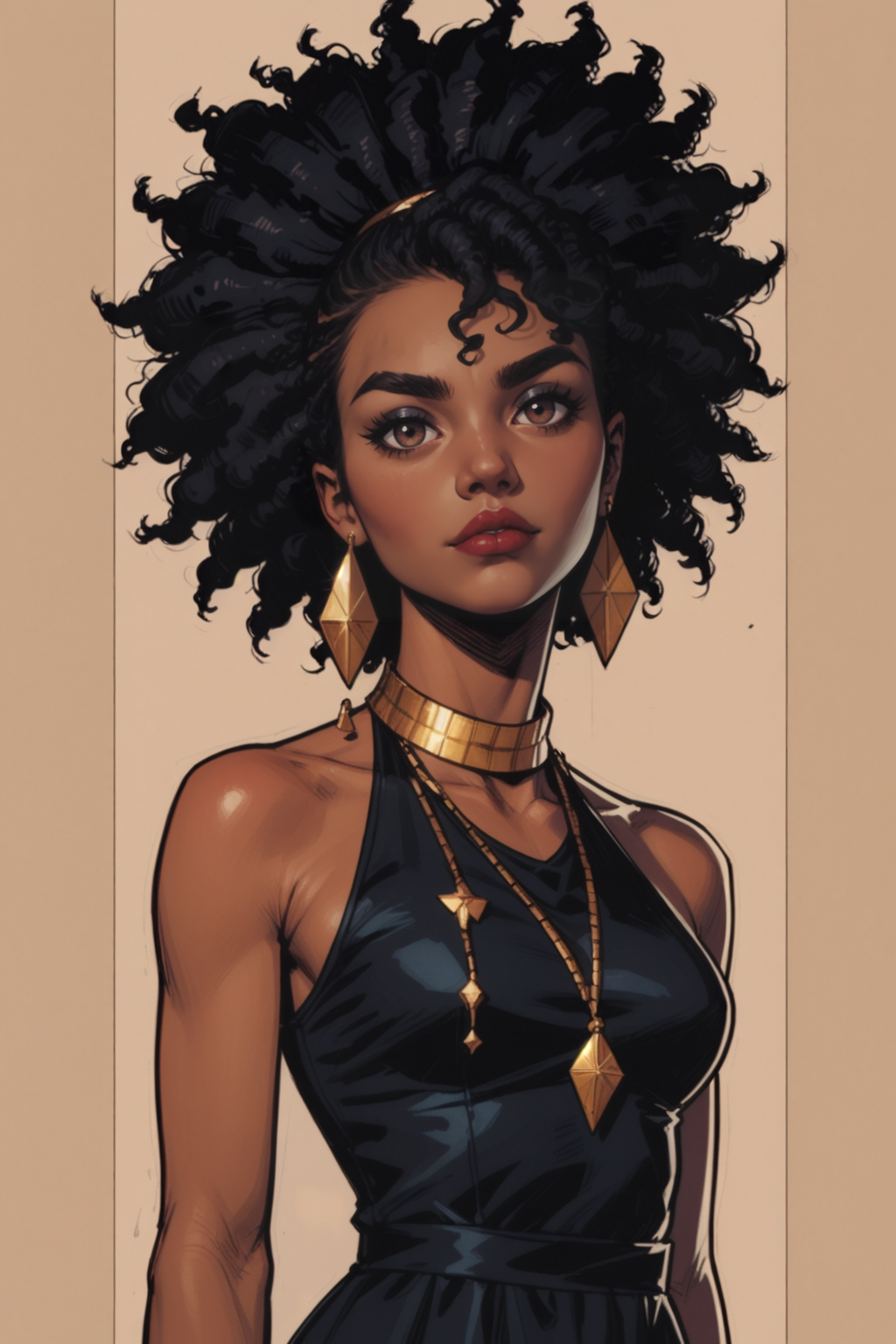 1girl, solo, jewelry, earrings, dark-skinned female, black hair, dark skin, sleeveless, upper body, dress, black dress, lips, bare shoulders, necklace, turtleneck, breasts, short hair, turtleneck dress, nose, black eyes, medium breasts, curly hair, head tilt, looking at viewer, sleeveless turtleneck, sleeveless dress, makeup, closed mouth, brown eyes, afro, very dark skin, eyelashes, parted lips, arms at sides, black shirt, shirt, artist name, realistic, halterneck, gold necklace, eyeshadow, looking to the side, updo, lipstick, thick eyebrows, red lips, bare arms, <lora:Expressive_H:0.5>, score_9, score_8_up, score_8_up, a_Comic_Illustration, rough lines with ink, (drawn:1.1), (sketch:1.5), (crosshatching:1.25), (comic style:1.1), graphic novel style, sharp lines, hires, zstyle, (western comics \(style\):1.1), (hatching \(texture\):1.2), zPDXL, Mr_Monster_Possitive, beautiful detailed eyes, extreme details eyes,  perfect anatomy,, .