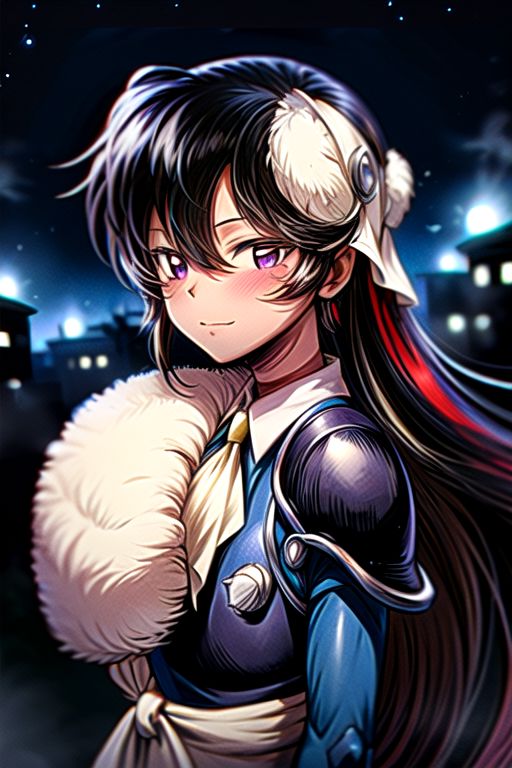 best quality 1girl Setsun4 solo long hair,  (night time) forest background black hair very long hair purple eyes multicolored hair armor, small, (fur trim) (medium body),<lora:EMS-179-EMS:0.800000>,<lora:EMS-293862-EMS:0.800000> bow, hair_bow, hair_tubes, red_bow, brown_hair, long_hair, bangs, ascot, frilled_bow, yellow_ascot, blush, smile, hair_between_eyes, athletic, armor, miko, strengthmda,  Smiling, happy, (helmet), M43 field cap