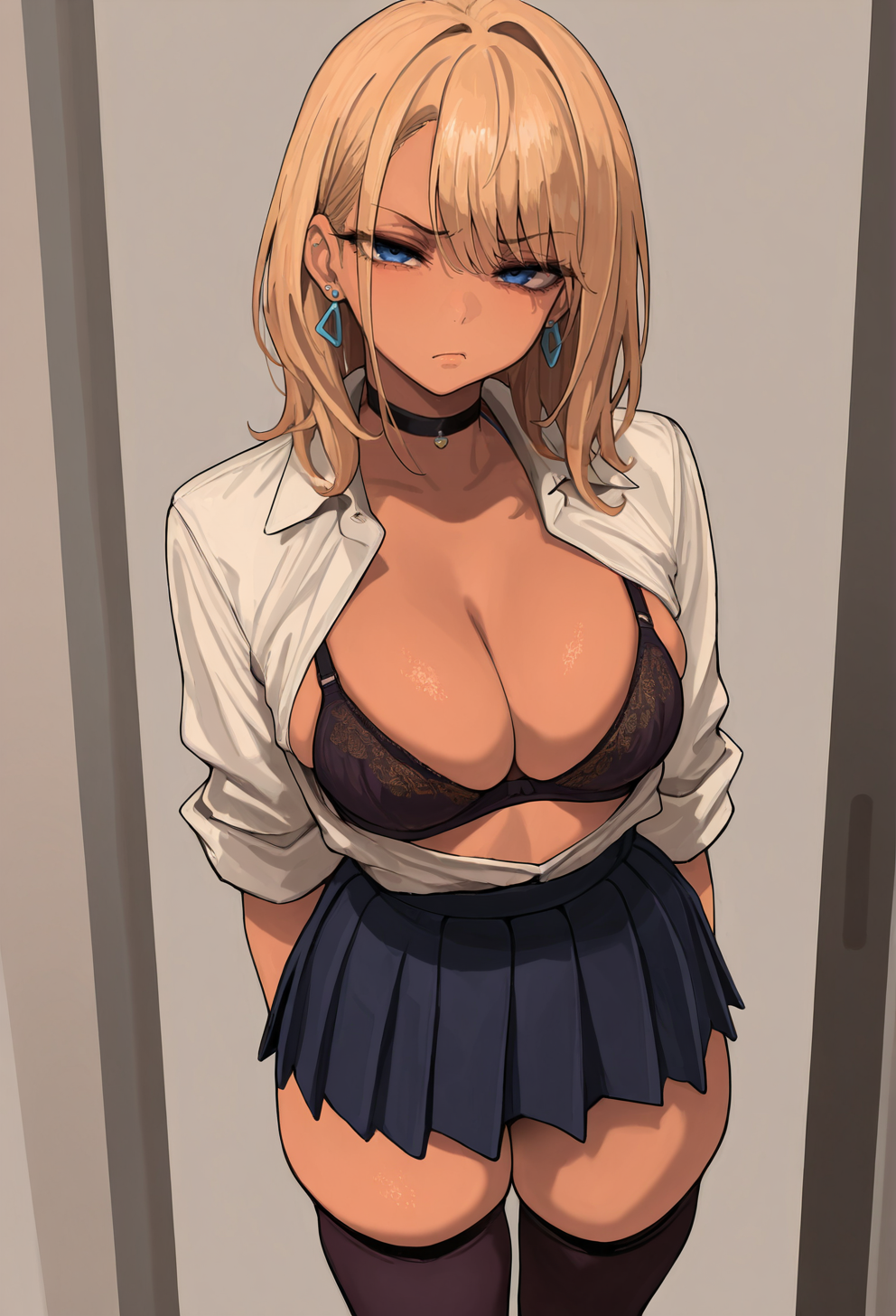 masterpiece, best quality, cowboy shot, 
 <lora:Mamimi:1> M4m1m1, 1girl, solo,standing, looking at viewer, disdain,blonde hair, medium hair, gyaru, medium breasts,school uniform, skindentation, cleavage, skirt, thighhighs, choker, earrings, sleeves rolled up, underwear, bra,