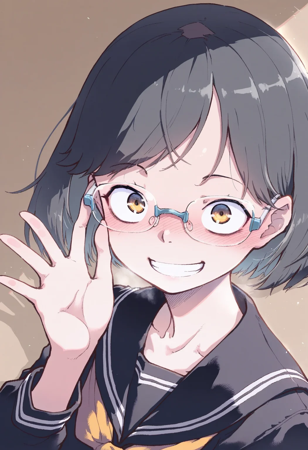 masterpiece,best quality,amazing quality,
solo, 1girl, short hair, school uniform, smile, looking at viewer, glasses, serafuku, blush, brown background, hand up, black sailor collar, upper body, black serafuku, grin, sailor collar, over-rim eyewear, black hair, semi-rimless eyewear,
 <lora:Suzuki Kyoutaro-000009:1>