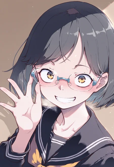 masterpiece,best quality,amazing quality,
solo, 1girl, short hair, school uniform, smile, looking at viewer, glasses, serafuku, blush, brown background, hand up, black sailor collar, upper body, black serafuku, grin, sailor collar, over-rim eyewear, black hair, semi-rimless eyewear,
<lora:Suzuki Kyoutaro-000009:1>