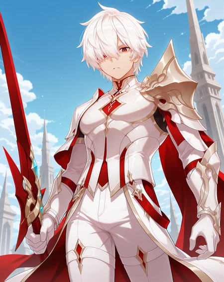 masterpiece, amazing quality, best quality, absurdres, very aesthetic,
1boy, solo, yaoi, male focus, cowboy shot, upper body, looking at viewer, face focus,
<lora:Elsword_Genesis_ilxl:1> elswordgn, white hair, red eyes, short hair, hair between eyes, hair over one eye,
shoulder armor, white gloves, white pants, pauldrons, high heels, white armor, jewelry, red cape,
holding weapon, holding sword, left-handed,
outdoors, day, blue sky,