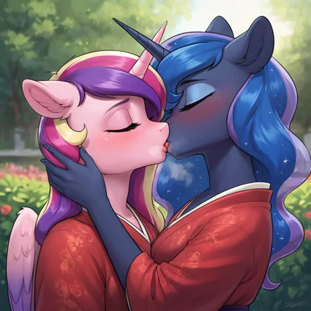 score_9, score_8_up, score_7_up, score_6_up, realistic illustration, dramatic angle, garden, outdoors, close view, 2girls, duo, princess luna, princess cadence, (anthro pony), 18 yo, tail, petite body, shiny skin, japanese clothing, japanese dress, kimono, (red kimono, red clothes), closed eyes, lesbian, close up, kiss, kissing, (face close to you), very close to you, blushing, hands on head, upper body, hugging, hot kiss, hot breath, sexy, sexy kiss